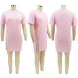Solid Color Round Neck Hem Slit Short Sleeve Fashion Dress SFY-2173