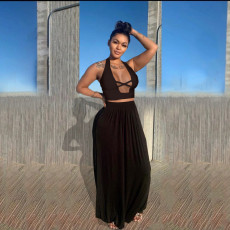 Solid Halter Top Maxi Skirt Two Piece Sets KYF-3125