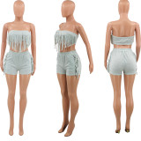 Solid Color Sexy Tassel Wrap Chest Shorts Two Piece Sets OY-6359