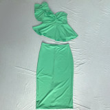 Sexy One Shoulder Ruffle Slim Midi Skirts Two Piece Sets MEI-9263