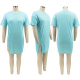 Solid Color Round Neck Hem Slit Short Sleeve Fashion Dress SFY-2173