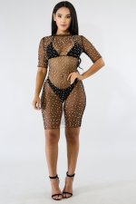 Sexy Mesh Short Sleeve Beaded Mini Dress BN-B9083