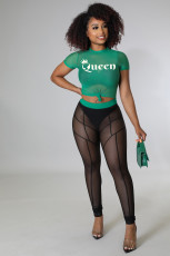 Queen Letter Print Mesh 2 Piece Pants Sets (Without Underwear) APLF-89009