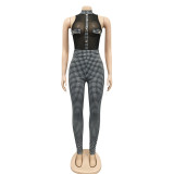 Houndstooth Print Mesh Bodysuit+Pants 2 Piece Sets BY-5713