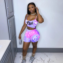 Plus Size Pink Letter Print Two Piece Shorts Sets NSFF-81890