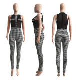 Houndstooth Patchwork Sleeveless Jumpsuit ME-8093