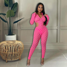 Sexy Long Sleeve Zipper Hole Hollow Jumpsuit JPF-1072