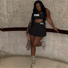 Plus Size Pink Letter Print Tank Mini Skirt 2 Piece Sets MEI-9265