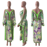 Floral Print Off Shoulder Sling Sashes Long Dress NIK-312