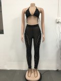 Sexy Mesh Lace-Up Hollow Bra Top+Pants 2 Piece Sets BY-5711