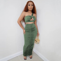 Solid One Shoulder Ruched Maxi Skirt Two Piece Sets YF-9880