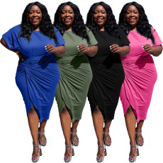 Plus Size Solid Ruched Short Sleeve Midi Dress YS-S816