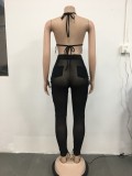Sexy Mesh Lace-Up Hollow Bra Top+Pants 2 Piece Sets BY-5711