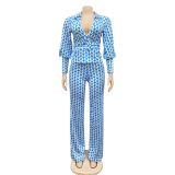 Houndstooth Print V Neck Long Sleeve Belted 2 Piece Pants Sets BY-5792