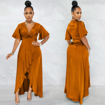 Solid V Neck Short Sleeve Irregular Maxi Dress BY-5805