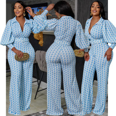 Houndstooth Print V Neck Long Sleeve Belted 2 Piece Pants Sets BY-5792