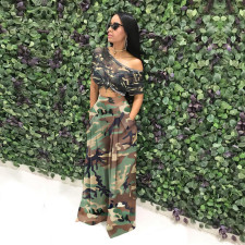 Plus Size Camo Print High Waist Wide Leg Pants SH-390339