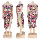 Plus Size Floral Print Crop Top Split Skirt 2 Piece Sets ASL-7081