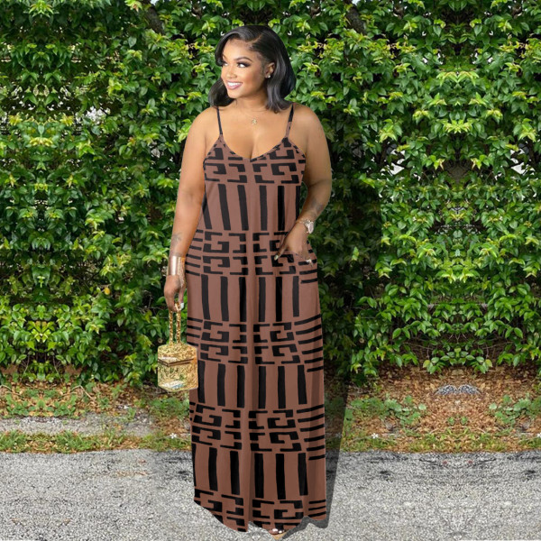 Plus Size Printed Sleeveless Sling Maxi Dress YFS-10108