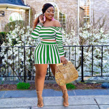 Plus Size Striped Long Sleeve Two Piece Shorts Sets OY-6361