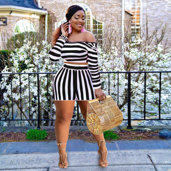 Plus Size Striped Long Sleeve Two Piece Shorts Sets OY-6361