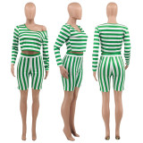 Plus Size Striped Long Sleeve Two Piece Shorts Sets OY-6361