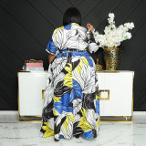 Plus Size Printed Short Sleeve Buttons Belted Maxi Dress CYA-100002