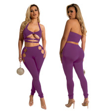 Solid Color Hollow Halter Top And Pants Two Piece Sets YF-K10134