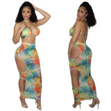 Sexy Print Beach Bikini See-through Hollow Skirts Three Piece YF-K10121