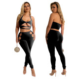 Solid Color Hollow Halter Top And Pants Two Piece Sets YF-K10134