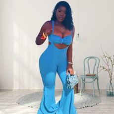 Plus Size Solid Tube Top Strap Flared Jumpsuit 2 Piece Sets YUHF-80578