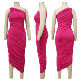 Sexy Solid Color Sloping Shoulder Ruched Slim Dress YF-K10139