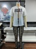 Letter Print Split T-Shirt+Lace Pants 2 Piece Sets GSDF-1871