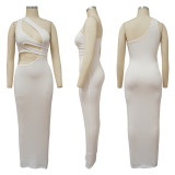 Sexy Solid Color Hollow Sloping Shoulder Slim Maxi Dress YF-K10146