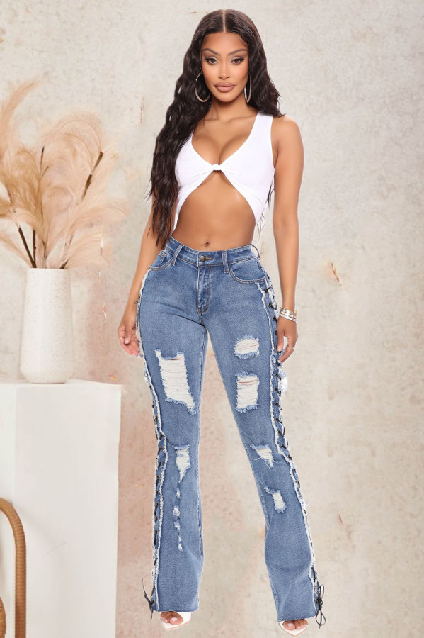 Plus Size Denim Ripped Hole Lace-Up Jeans Pants LX-5522