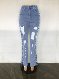 Plus Size Denim Ripped Hole Lace-Up Jeans Pants LX-5522