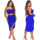 Solid One Shoulder Smocked Skirts Two Piece Sets YF-K10066