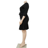 Plus Size Solid V Neck 3/4 Sleeve Ruffled Bodycon Dress NNWF-7555