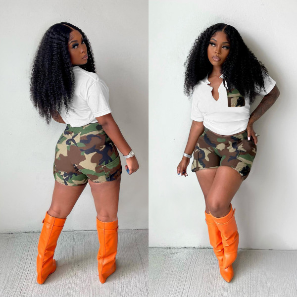 Camo Print T Shirt And Shorts 2 Piece Sets XHAF-10032