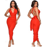 Solid Color Sexy Backless Ruched Maxi Dress YF-10056