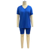 Casual Sports Solid Color V-Neck T-Shirt Shorts Two Piece Sets YF-9638