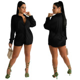 Casual Solid Color Long Sleeve Shirt Shorts Two Piece Sets YF-10086