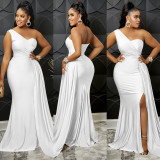 Solid One Shoulder Split Maxi Evening Dress BY-5819