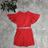 Solid V Neck Crop Top And Shorts 2 Piece Sets CY-7126