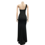 Solid One Shoulder Split Maxi Evening Dress BY-5819