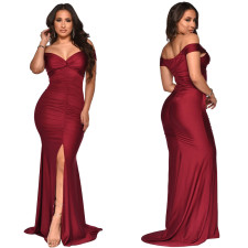 Elegant Sexy Off Shoulder Ruched Slit Evening Dress YF-10062