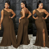 Solid One Shoulder Split Maxi Evening Dress BY-5819