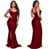 Solid Color Elegant Sexy Sling Split Evening Dress YF-10063