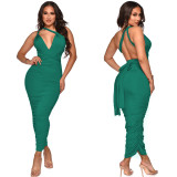 Solid Color Sexy Backless Ruched Maxi Dress YF-10056