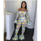 Sexy Off Shoulder Print See Through Mesh Ruffle Jumpsuit YF-9519